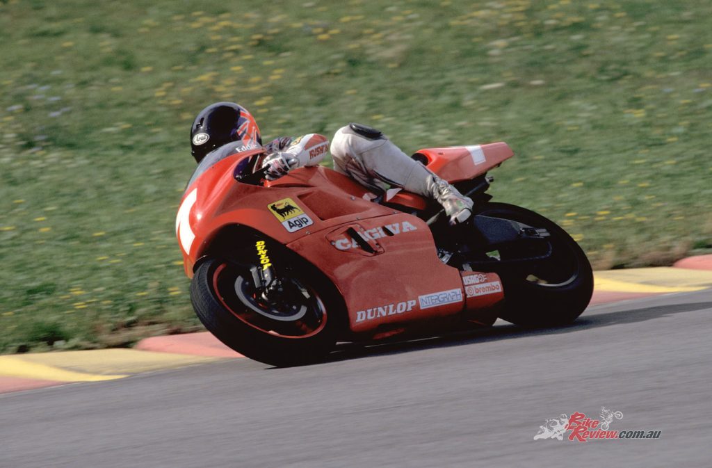"The mixed track conditions offered a fuller understanding of just what a milestone in Cagiva's GP development the Bombardone big bang engine represented."