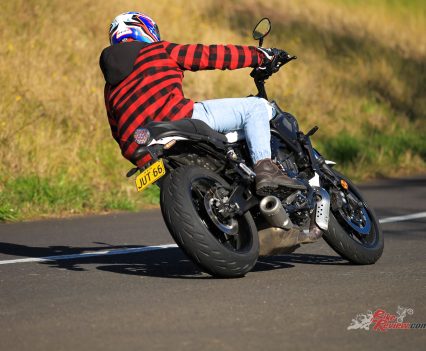 ". The bike is deceptively quite small but that toqurey engine and chunky tyres make it feel like a full-powered monster."