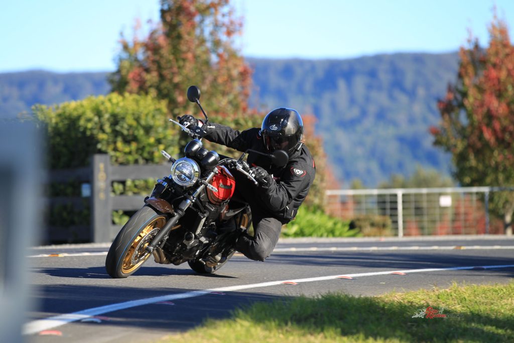 "Aside from looking awesome with fat, sporty hoops, the Z650RS had plenty of lean angle!"