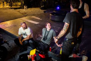 Enjoying a laugh and a cold drink after the night ride, which was rev limiter for 115km of city streets!