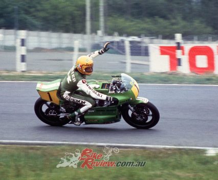 Godier celebrating the 1975 Bol d'Or victory on-board the iconic Kawasaki 1000.