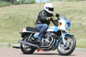 "The seat is low, wide, and soft by today’s standards but was sporty in 1979. The tank is long but narrower between the knees than it looks, while the ‘bars feel slightly lower and are a sportier almost flat bend."