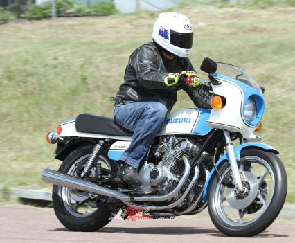 "The seat is low, wide, and soft by today’s standards but was sporty in 1979. The tank is long but narrower between the knees than it looks, while the ‘bars feel slightly lower and are a sportier almost flat bend."