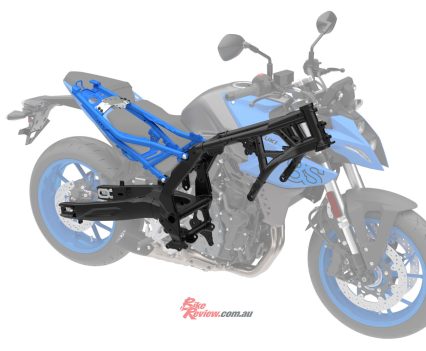Just like the parallel-twin engine, the steel frame in the GSX-8S is a completely new design, contributing to comfort, stability and nimble handling.