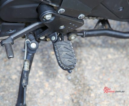 Rubber inserts for road riding can be removed quickly for off-road riding.