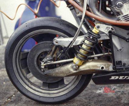 Hub-centre steering was employed with twin parallel swingarms, with suspension via a fully-adjustable Marzocchi monoshock with remote gas reservoir.