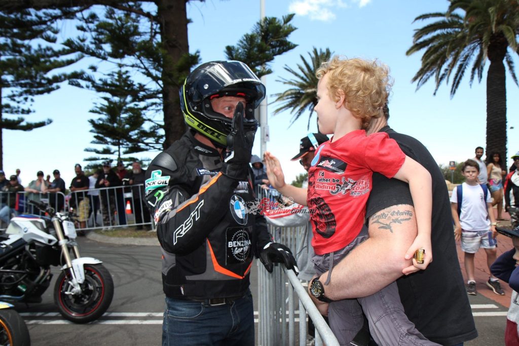 Hi Five for young Anthony Ware from Lukey Luke at the Australian Motorcycle Festival, 2019.