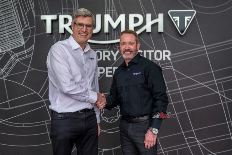 Triumph CEO Nick Bloor (left) and Bobby Hewitt, Triumph Racing Team Owner (SuperMotocross World Championship and US Amateur MX).