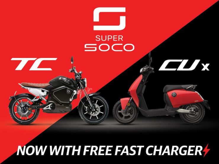 Customers who purchase a new Super Soco TC Cafe Racer or CUx Smart Scooter unit will receive a bonus upgrade to the 10amp intelligent lithium fast charger worth $349.95.