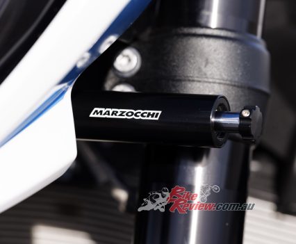 Marzocchi steering damper and blacked out Marzocchi forks.