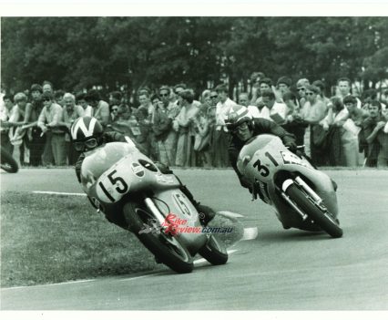1970 Dutch TT Assen. Ginger Molloy chasing Peter William on his Arter Matchless G50.