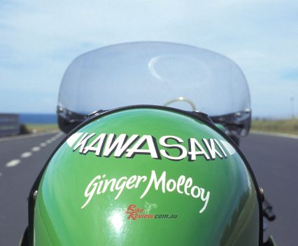 Ginger Malloy's signage is still on the bike, all these years later.