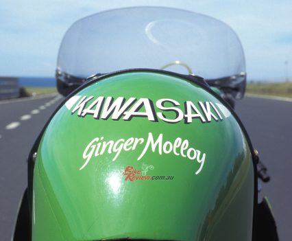 Ginger Malloy's signage is still on the bike, all these years later.