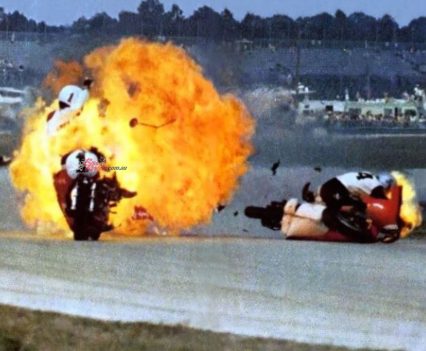 Brelsford to hit a slower rider in the fast Turn 3 infield kink at Daytona on the XR750-TT, sending the Harley erupting into a spectacular fireball captured on film by a local photographer.