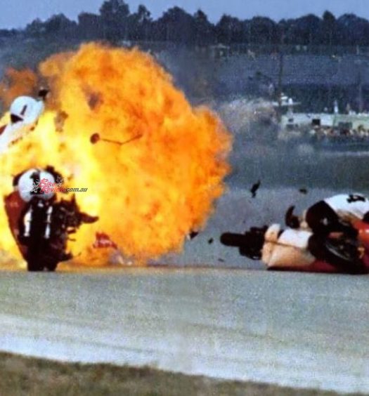 Brelsford to hit a slower rider in the fast Turn 3 infield kink at Daytona on the XR750-TT, sending the Harley erupting into a spectacular fireball captured on film by a local photographer.