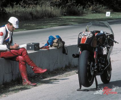 Alan Cathcart writing notes on the XR1000R Lucifer's Hammer at Blackhawk Farms in 1983.