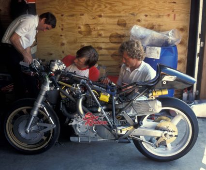 Mert Lawwill and Jay Springsteen working on the XR1000R at Daytona in 1988. He was a natural road-rider but his dirt track career took priority.,