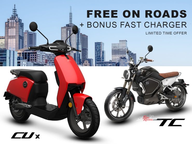 For a strictly limited time only, with every purchase of a new TC Cafe Racer or CUx Smart Scooter, Super SOCO Australia is giving you: Free On-Road Costs* (saving $500) and a bonus upgrade to the Intelligent Lithium Fast Charger (valued at $349).