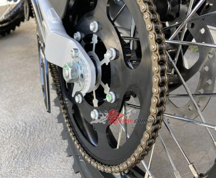 Gearing is set for around 45km/h, acceleration is equal to our KTM50SX to that point. The chain is tiny!