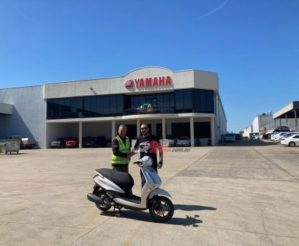 Picking the BikeReview D'elight 125 up from Yamaha's Sean Goldhawk.