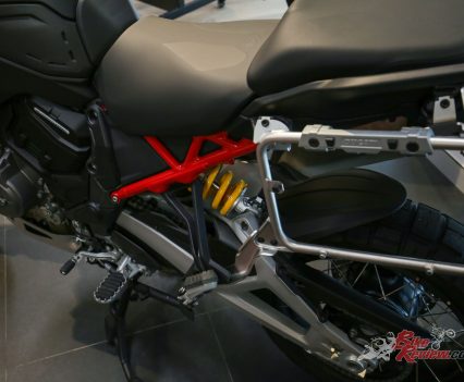 Cantilever suspension with fully adjustable monoshock. Electronic compression and rebound damping adjustment. Electronic spring pre-load adjustment with Ducati Skyhook Suspension (DSS). Aluminium double-sided swingarm.