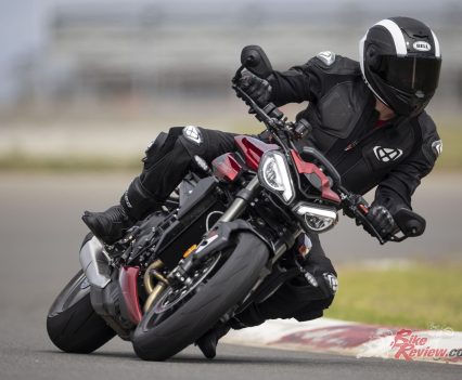 "The leathers offer great comfort, both on the bike and walking around in the pits. On the bike the flexible material sections between the legs and under the arms really make manoeuvring and hanging off the bike easy."