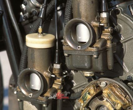 Two 36mm magnesium Mikuni carburettors were mounted on each side of the engine.