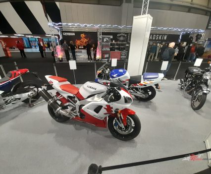 As you enter the arena, you're met with someone’s idea of a dream bike garage consisting of: A Vincent Black Shadow, Ducati 851,an early Fireblade an early YZF-R1, Yamaha Fs1-E, VFR750R, GSX-R750 Slingshot, and a ’73 Z900, all in immaculate condition.