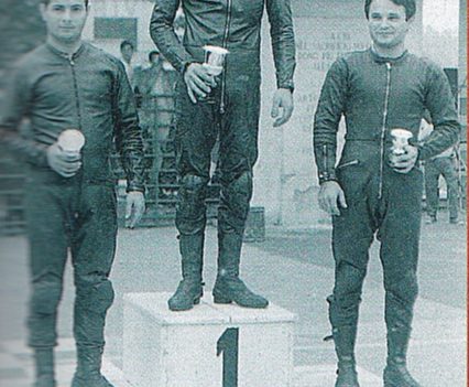 1967 Monza all-MotoBi 175 Italian Championship rostrum 1-Luciano Mele, 2-Sandro Cinelli, 3- future World champion Eugenio Lazzarini.