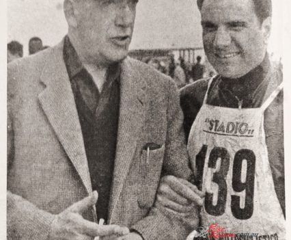 1954 Primo Zanzani (on the right) won the Motogiro 100cc class on Laverda 98, here with Laverda race director Dr.Antonio Noli.