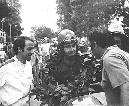 1970 Zanzani congratulates Paolo Isnardi on winning 175cc Italian Junior Championship on MotoBi Sei Tiranti.