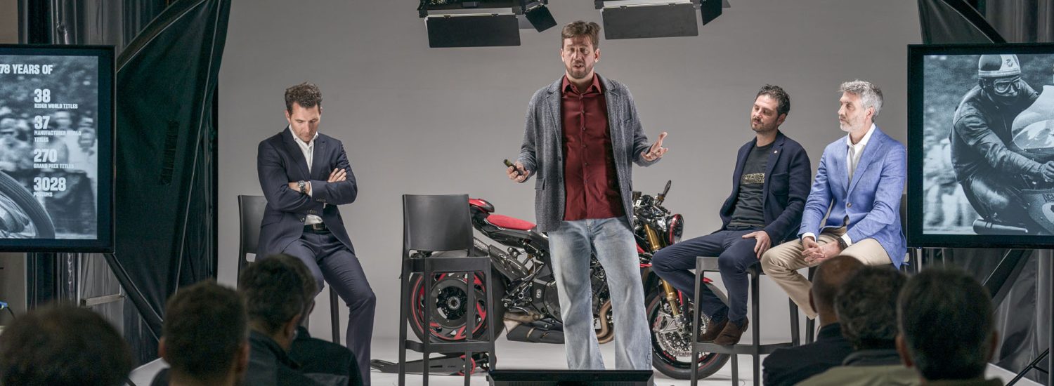 Florian Kecht (left), Timur Sardarov (speaking), Luca Martin (right) and Brian Gillen at the recent MV Agusta/KTM conference held recently at the MV Agusta Schiranna factory.