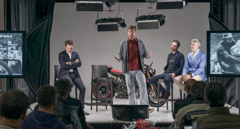 Florian Kecht (left), Timur Sardarov (speaking), Luca Martin (right) and Brian Gillen at the recent MV Agusta/KTM conference held recently at the MV Agusta Schiranna factory.