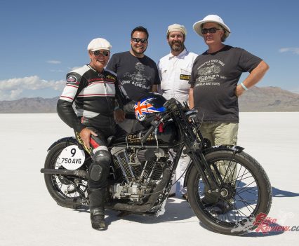 Alan Cathcart with his Son Andrew, Sam Lovegrove and Brough Superior owner, Mark Upham in 2013.