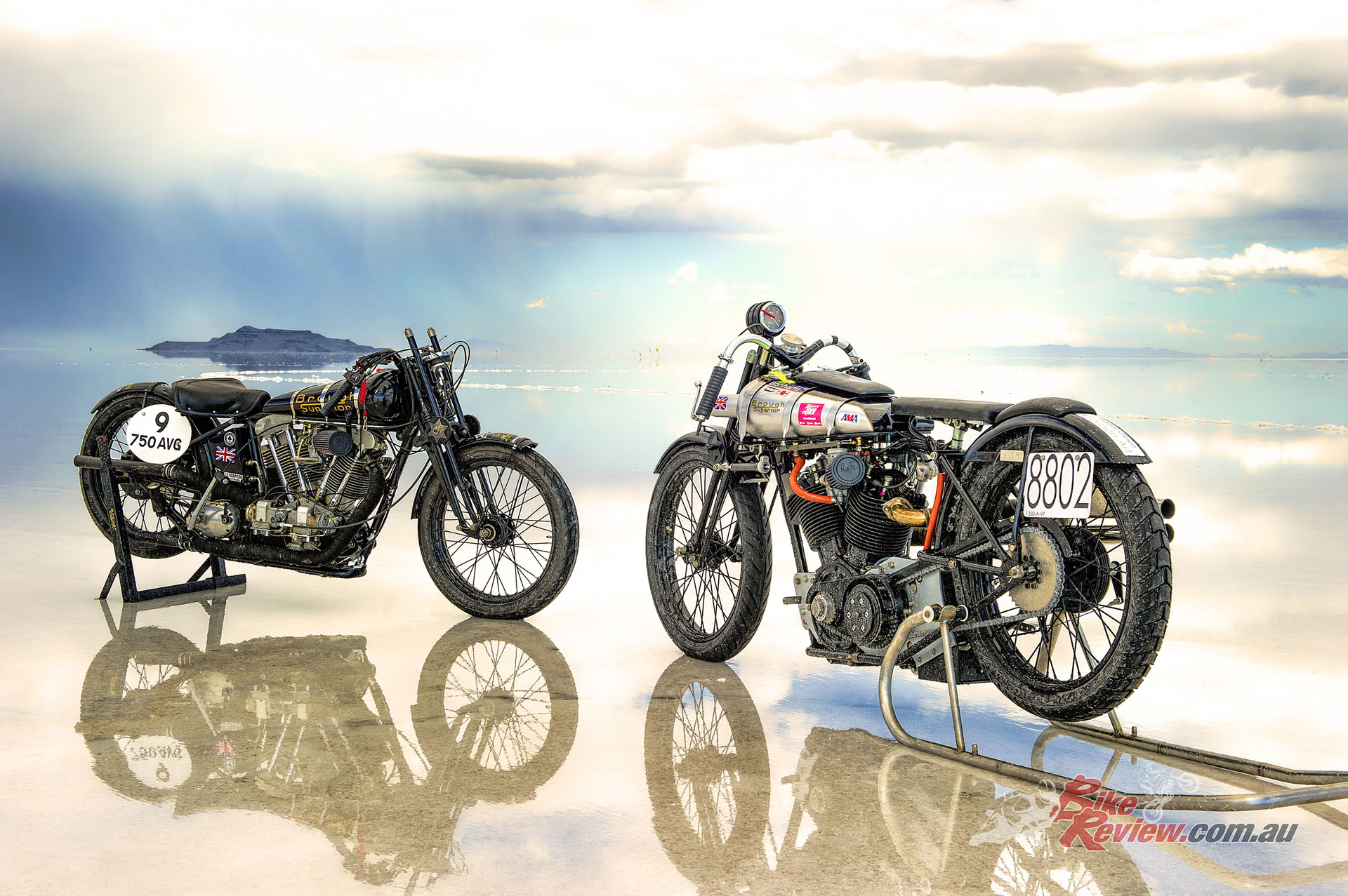 Brough Superior 750 Baby Pendine (L) with the larger engined
