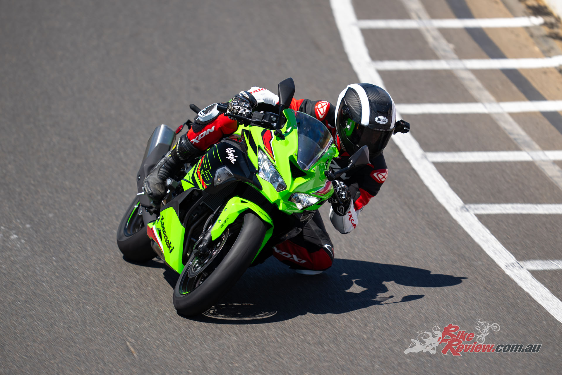 Within half a lap, Zane had enough confidence in the ZX-4RR to put the hammer down...