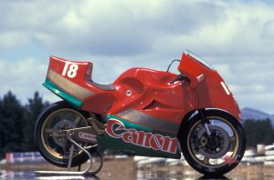 Britten began construction of the monocoque chassis by hand-carving a master from a solid block of polystyrene, shaping it so as to be comfortable for himself as a rider.