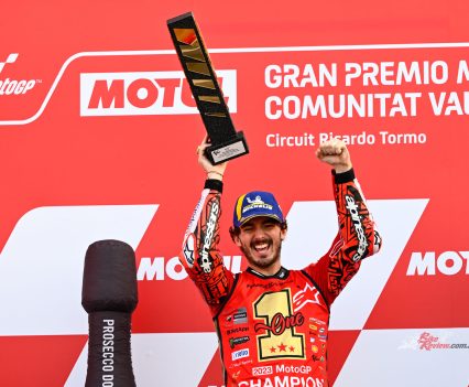 Having been crowned MotoGP World Champion in 2022 and 2023, Francesco Bagnaia becomes the third rider to take back-to-back MotoGP titles since the introduction of the class in 2002, along with only Valentino Rossi and Marc Marquez.