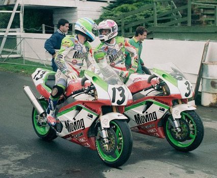 Rob Phillis and Aaron Slight in 1992 on the WorldSBK Kawasaki's.