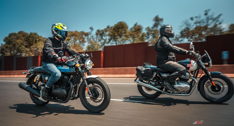 For those who are new to the 650 twins, the Continental GT adopts dropped-down clip-on handlebars, a scooped seat and a different-shaped tank over the long-flat seat, one-piece handlebars and a tear-drop-shaped tank on the Interceptor.