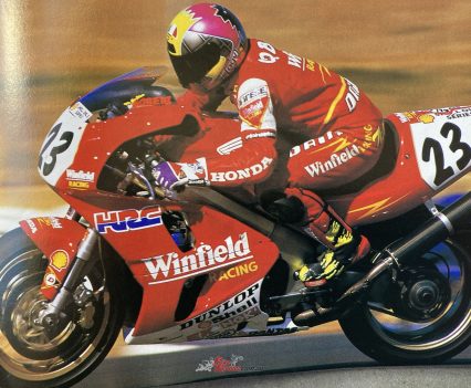 A factory superbike rider aged 17, Anthony on the Winfield Honda RC45 in 1994.