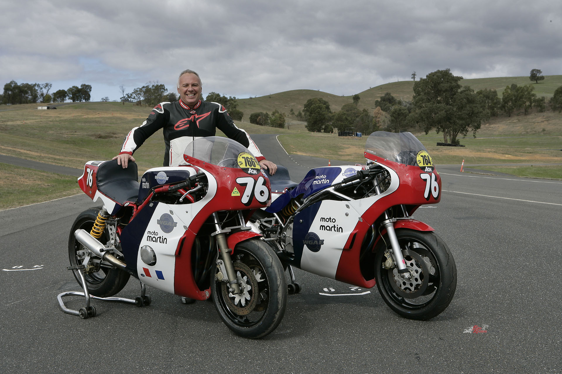 Scott Webster with his Moto Martin Period 5 racing machines. 