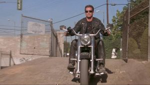 Arnold Schwarzenegger on the 1991 Harley-Davidson Fat Boy in Terminator 2.