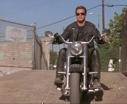 Arnold Schwarzenegger on the 1991 Harley-Davidson Fat Boy in Terminator 2.