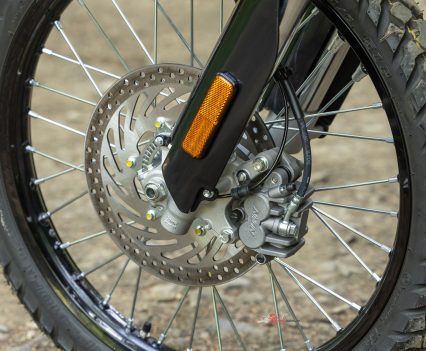 Two piston Nissin front caliper, 80/100 – 21in front tyre, ABS.