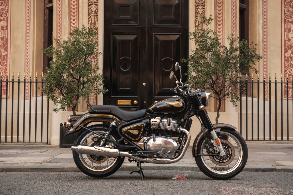 The 2260mm overall length and 1480mm wheelbase help give the Bullet 650 its long, traditional stance.