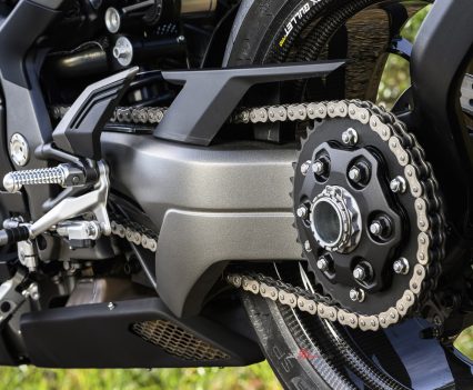 The single-sided swingarm leaves the rear wheel on full display.