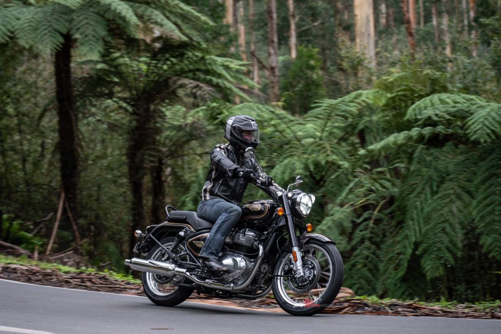 The Bullet 650’s upright riding position is all-day comfortable, while the 648cc twin gives it easy drive through flowing roads.