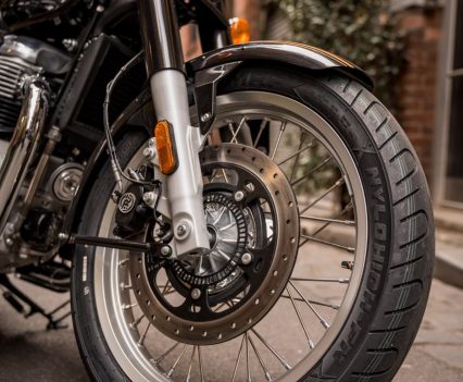Spoked wheels and conventional telescopic forks the Bullet 650’s traditional look.