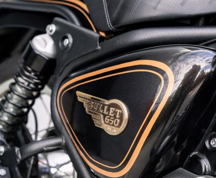The Bullet 650’s vintage badging and hand-painted detailing bring some old-school character.
